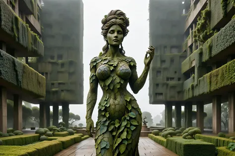 colossal statue of a woman made of drath covered on a plaza, concrete buildings, ivy, bushes, trees,  fog, mist, in the style of...