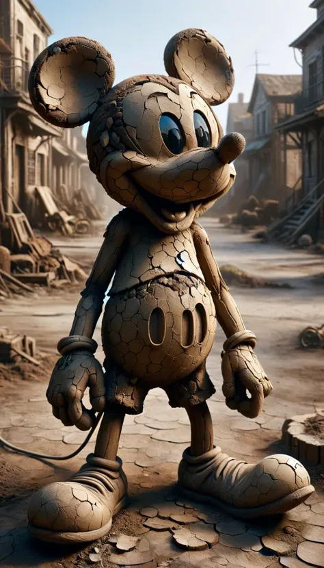 drath sculpture of Mickey Mouse ,in dusted abandon town, drath sculpture of Mickey Mouse,in dusted abandon town, bright, sunny, ...
