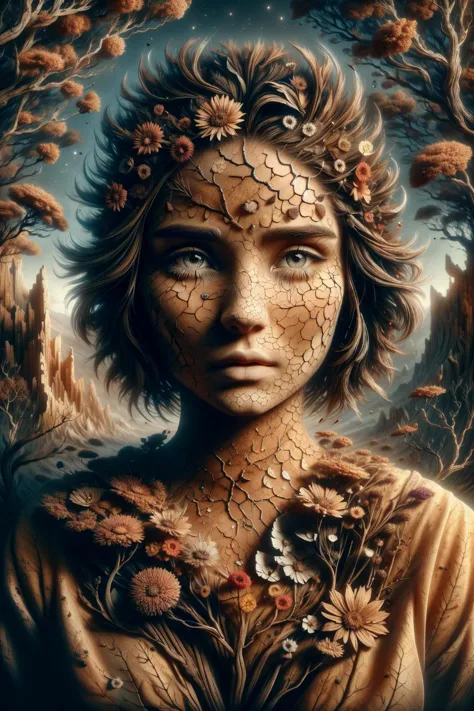1girl,(crying, dark tears,perfect face, detailed eyes, detailed mouth,detailed face:1.2),dark oil, (dried flowers, leaves, twigs...