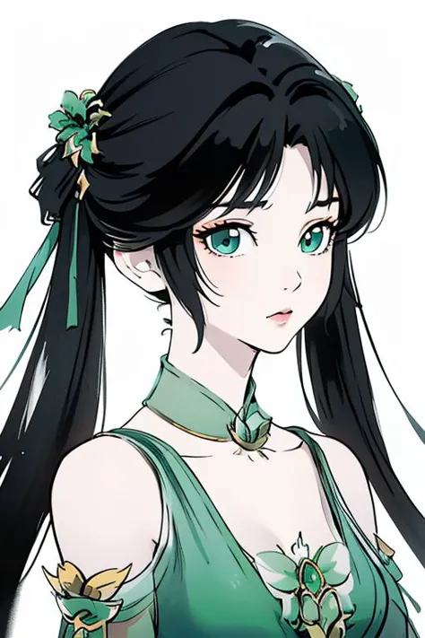 a woman with long black hair and green eyes wearing a green dress