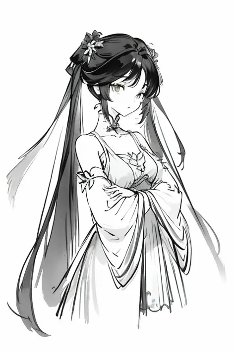 a drawing of a woman in a wedding dress with a veil