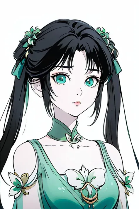 a woman with long black hair wearing a green dress and a flower in her hair