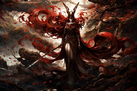 1girl,<lora:malenia_01:0.8> cursed_left_arm, winged helmet, red cape, malenia_blade, covered eyes, long hair, red hair,standing,walking at viewer,powerful pose, dominant pose,holding a sword,dry forest,death forest,tree roots,thicc,thick thighs,curvy,masterpiece,extremely detailed CG unity 8k wallpaper, best quality,32k,focus sharp, <lora:éç¦_Zen:0.8> 5, <lora:add_detail:0.8>, <lora:Light and Shadow:0.6>