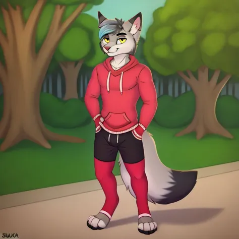 <lora:shuva_cat-50:0.7>
masterpiece, detailed, solo, 1boy, male,
shuva_cat, cat, grey fur, fox tail, yellow eyes, bedroom eyes, looking at viewer, dark paws, pink pads,
clothed, red short sweatshirt, red elbow gloves, fingerless gloves, black shorts, red t...
