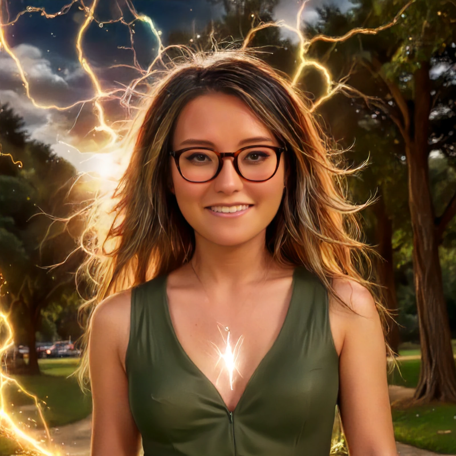a beautiful picture of  jeannieMXR ,detailed skin texture,masterpiece, photorealistic, woman, glasses, RAW color photo,(fully in frame:1.1), (blush:0.5), (goosebumps:0.5),  smiling, outdoors,park,wearing a green dress,  lighting_thunder, lightning, electricity, glowing