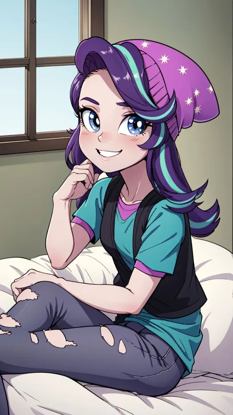 1girl,masterpiece,(detailed background),best quality,absurdres,bedroom,bed,window,<lora:mlp_starlightglimmer-10:1>,mlpglimmer,shirt,hat,short sleeves,pants,vest,streaked hair,torn clothes,colored skin,beanie,torn pants,solo,smile,(sitting on bed),dynamic a...