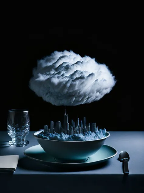 une assiette avec un paysage urbain et un nuage