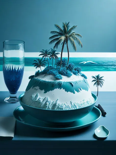 <lora:surrealPlateLora_v10:1> a plate with tropical island, white sand, light blue ocean, seagulls