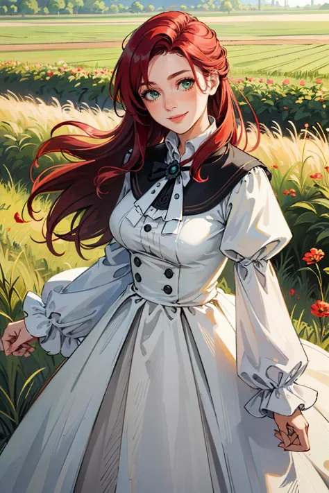 anime girl in white dress standing in field of flowers