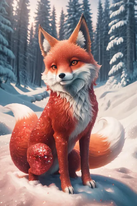 masterpiece, best quality, <lora:redglitter-style-richy-v1:1> redglitterstyle, fox, winter, snow