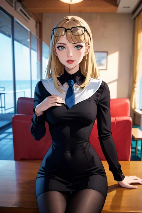 anime girl in a black dress and blue tie posing for a picture