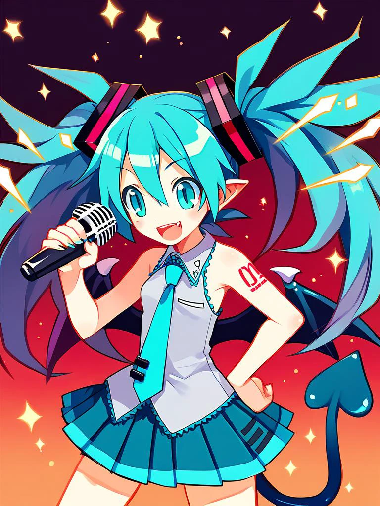 score_5_up, score_6_up,  score_8_up, 
1girl, solo, standing, hand on hip, wearing (sleeveless, pleated skirt), aqua hair, aqua eyes, twintails, hair ornament, hatsune_miku, pointy ears, holding microphone, musical note, singing, fangs, demon tail, wings, bat wings, smile, open mouth, sparkly fuwa fuwa
