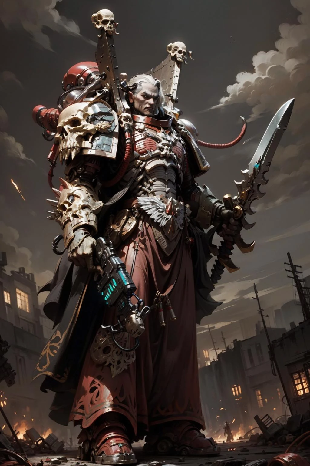 Photo of mephiston in a desolate landscape with long platinum hair wearing intricate ornamented metallic armor, with a skull pauldron, cape, tabard, right hand holding huge sword, his left hand holding gun, cybernetic attachment details, tubes, wires, glowing eyes,
a ruined city looming in the distance.
 