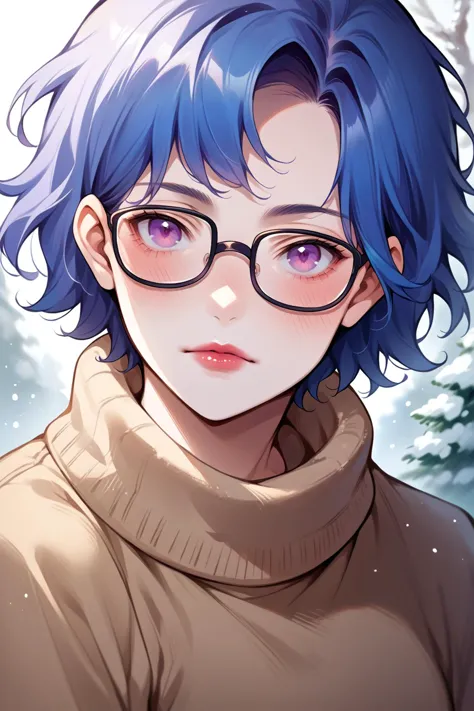 a close up of a person with glasses and a blue hair