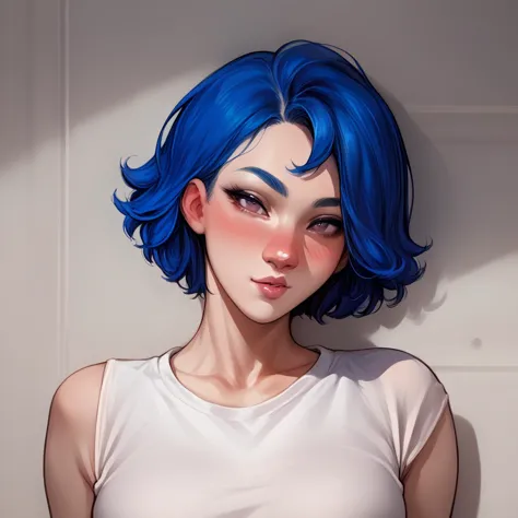 a close up of a person with blue hair and a white shirt