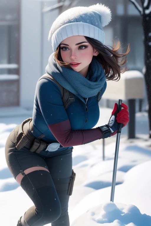 DIBUJO de una mujer soldado de invierno en la nieve