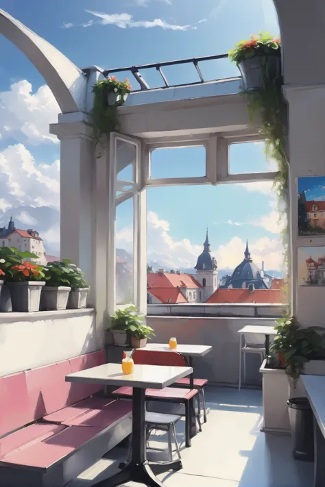 there is a table and benches on a balcony with a view of a city