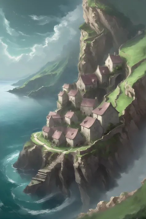 anime scenery of a small village on a cliff overlooking the ocean