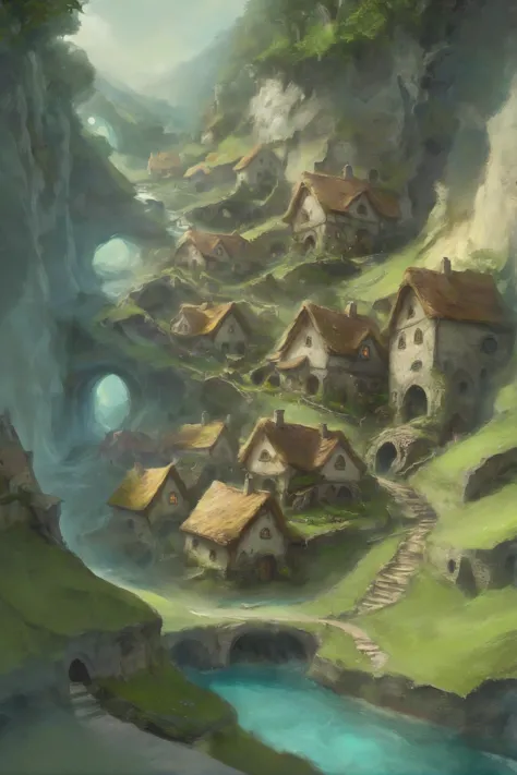 a painting of a village in a mountain with a river