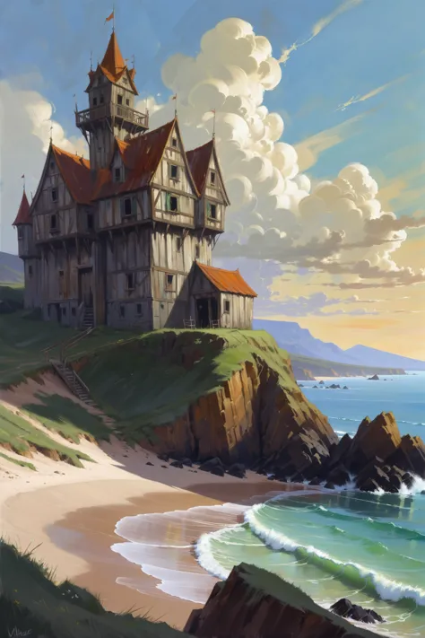 painting of a castle on a cliff overlooking the ocean