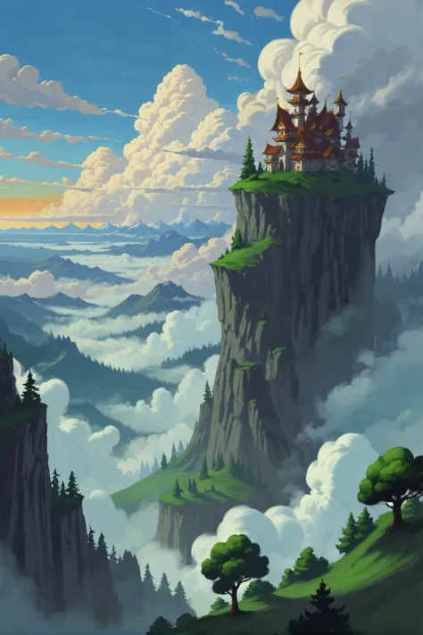 a painting of a castle on a cliff above the clouds