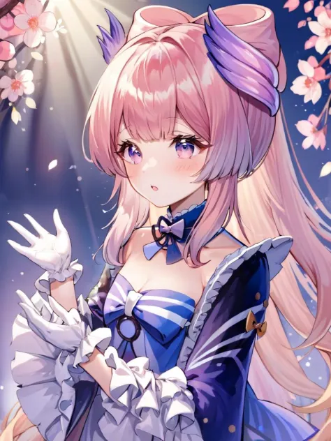 ultra-detailed,(best quality),((masterpiece)),(highres),original,extremely,hair,<lora:Sangonomiya Kokomix_xl:1>,(\shan hu gong xin hai\),wide sleeves, frilled sleeves, half gloves, detached sleeves, bowtie, frills, long sleeves, blush