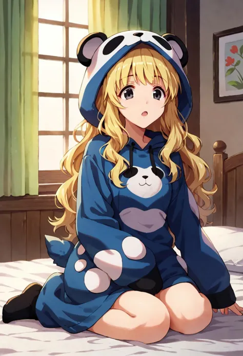 <lora:sarah_adiemus_ponyxl_v2:1>, 1girl, sadiemus, solo, grey eyes, blonde hair, long hair, wavy hair, panda costume, standing, ...