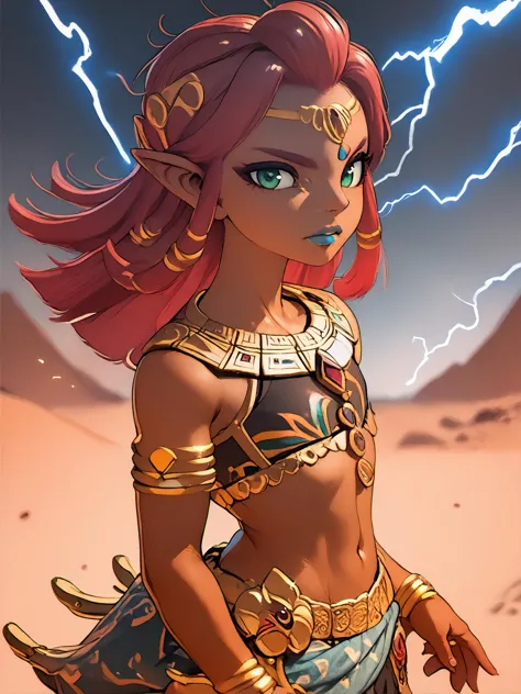 score_9, score_8_up, score_7_up, score_6_up, rustle_style, riju, gold, jewelry, blue lips, 1girl, solo, red hair, long hair,  green eyes, dark-skinned female, pointy ears, 
looking at viewer, cowboy shot, desert, lightning, 
<lora:riju_pdxl6:1><lora:rustle_pdxl:1>