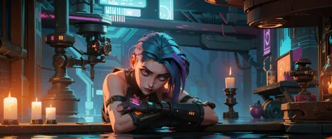 (cyberpunk:1.2),  ChopioArcaneJinx, 1girl,mechanical parts,augmentations,  cyborg, mechanical eyes,  Sitting on a wooden dock, f...