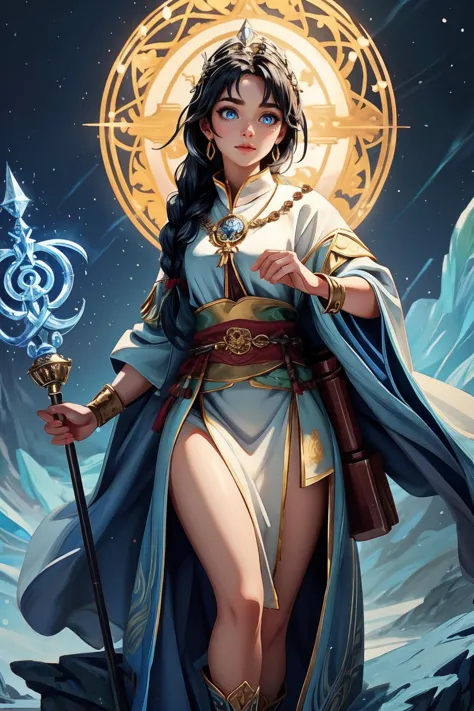 ((masterpiece)), 1girl, young , small breasts,  medieval, fantasy, wiking, nordic, war paint  wallpaper, official art, Freydis, Runic Priestess: Freydis is a runic priestess, able to channel the power of the gods into her spells and prayers. Her long, black hair is shot through with silver strands, pulled back into a tight braid that ends at the base of her spine. She wears a robe of deep blue, woven with intricate runes and symbols that glow with a faint, otherworldly light. In her hand, she carries a staff topped with a gleaming crystal, the tip crackling with energy as she channels her magic.  with 1rel4ndb face , ((cat eyes)), ((vertical pupil)) BREAK, realistic, best quality, ultrasharp, ultradetailed, intricated details, , , vivid colors , full body shoot, strong shafows, deep of field , bokeh