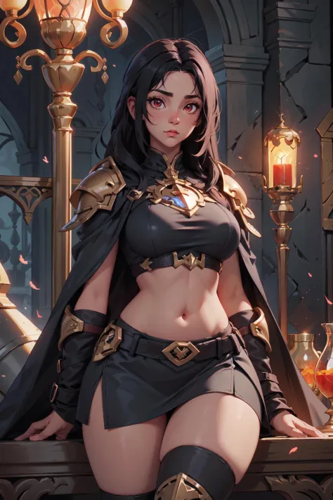 Highres,  best quality,  extremely detailed,  female paladin,  dark armor,  revealed belly,  black feathered cape,  short skirt,...