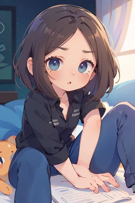 anime girl sitting on bed with teddy bear and book