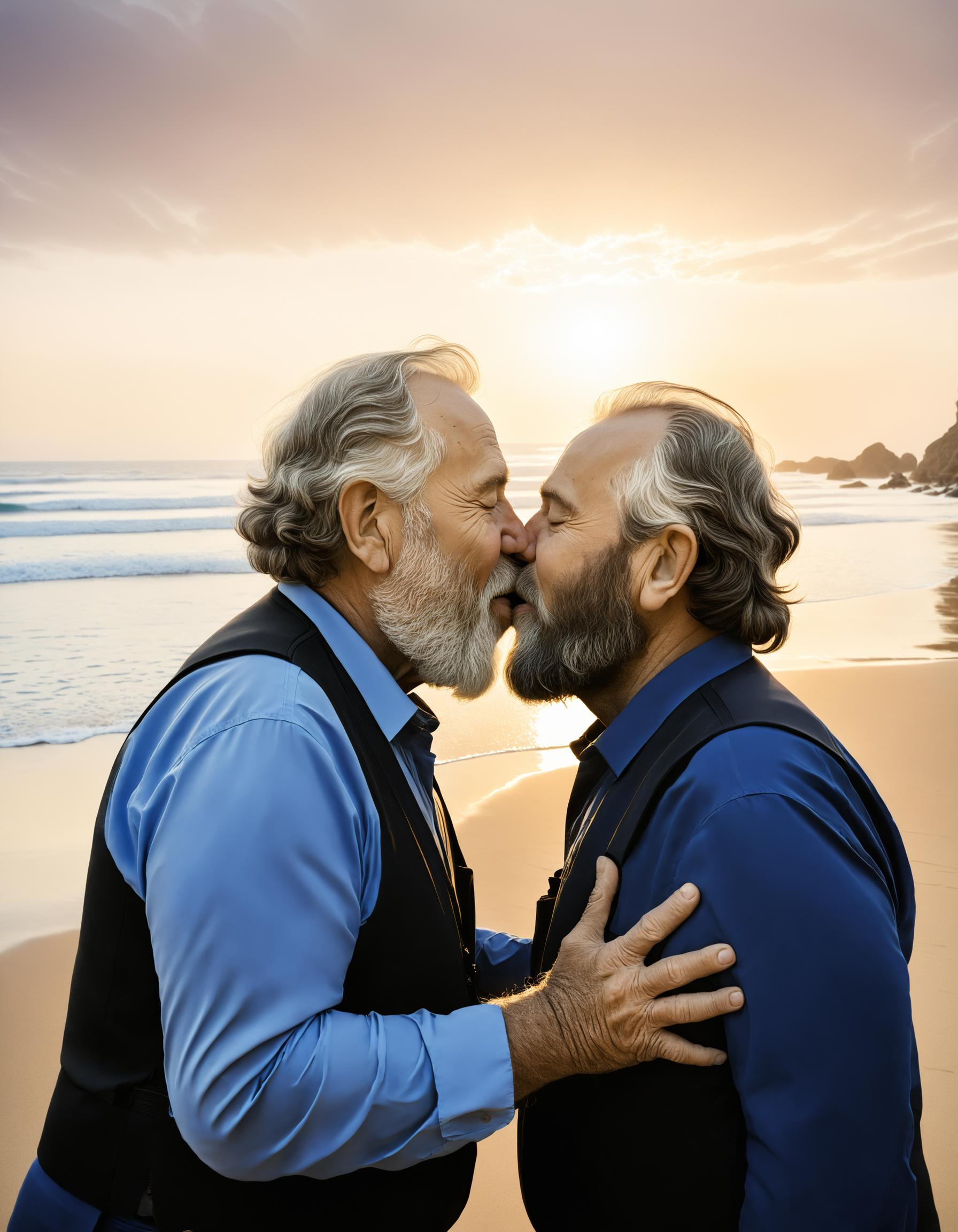 Two men are kissing on the beach at sunset - SeaArt AI