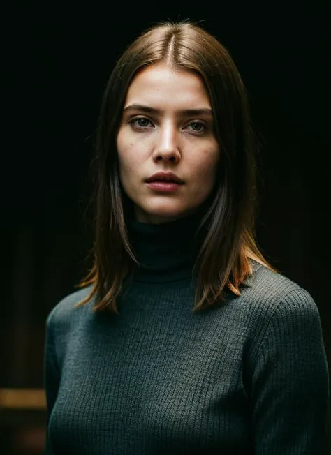 a woman in a turtle neck sweater looks at the camera