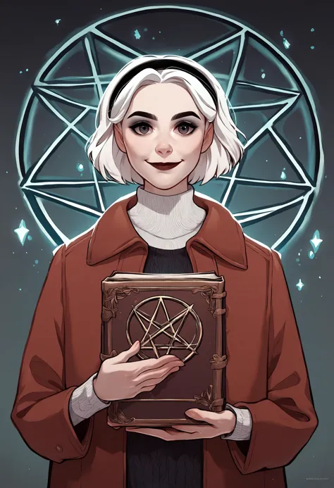 , score_9, score_8_up, score_7_up, score_6_up, score_5_up, score_4_up, looking at viewer, <lora:SabrinaPony1.1:1> Sabrina, 1girl, solo, hairband, book, pentagram, short hair, sweater, magic circle, looking at viewer, holding, white hair, smile, black hairband, coat, turtleneck, makeup