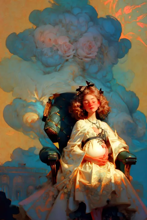 painting of a woman sitting in a chair with a cloud in the background