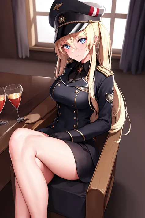 a woman in uniform sitting on a chair with a glass of wine