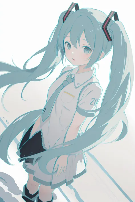 (best quality, masterpiece, highres),1girl,solo,dynamic_angle,
hatsune miku,snow boots,puffy_short_sleeves,cropped torso upper b...