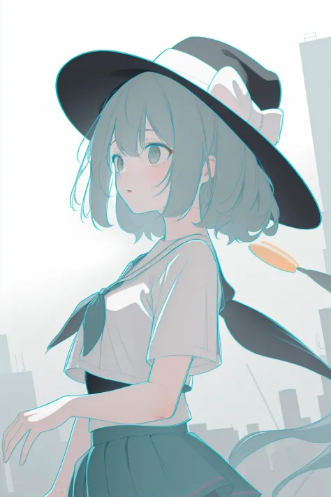 anime girl in a hat and dress walking in the city