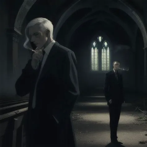 a men smoking a cigarette far away in an abandonned church old church men black clothes wild angle dark