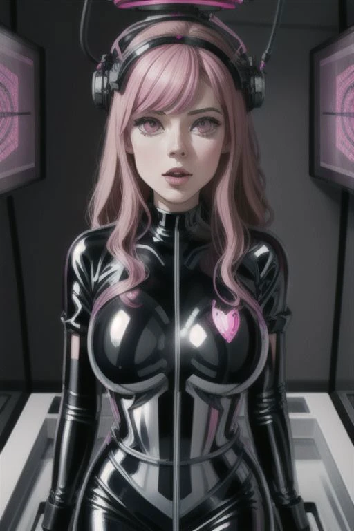 professional detailed photo of (latex office woman) being (brainwashed by pink spiral screen), (latex office dress:1), Mind Control Eyes, Brainwashed facial expression, (Brainwashing)+++, (Mind Control)+++, (Mind control device),