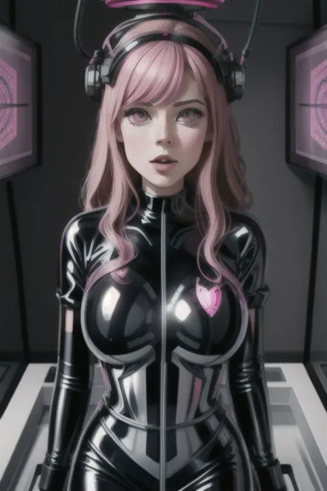 professional detailed photo of (latex office woman) being (brainwashed by pink spiral screen), (latex office dress:1), Mind Cont...