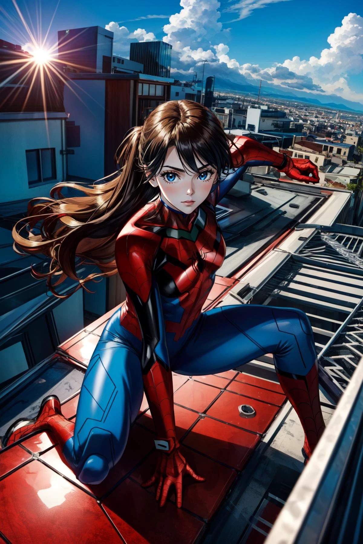 (masterpiece, best quality),  intricate details,
1girl,    souryuu_asuka_langley,   interface headset,
 spider suit, spider web print, spider web,
 superhero landing, one hand on ground, 
skyscrapper, rooftop, sun, buildings,