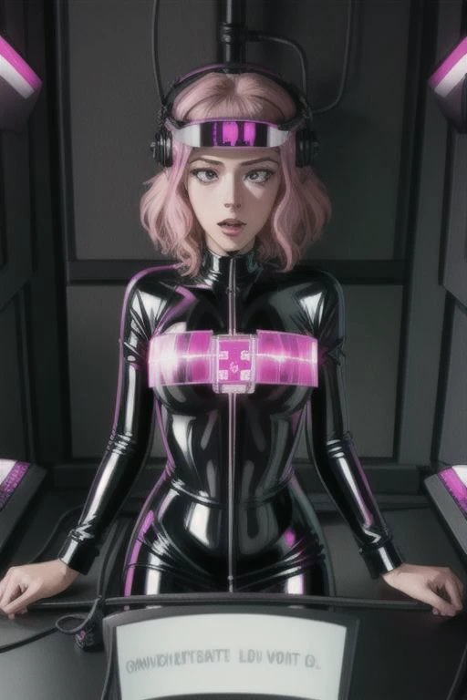 professional detailed photo of (latex office woman) being (brainwashed by pink spiral screen), (latex office dress:1), Mind Control Eyes, Brainwashed facial expression, (Brainwashing)+++, (Mind Control)+++, (Mind control device),
