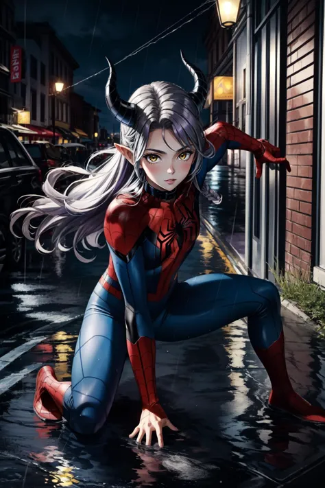 (masterpiece, best quality),  intricate details,
1girl,   <lora:la_darknesss:0.8> la+ darkness, long hair,gray hair,purple hair, braid, stripped horn horns, ,pointy ears,yellow eyes,  , collar, chuunibyou, 
 <lora:attire_spider-man-12:0.8> spider suit, spider web print, spider web, superhero landing, one hand on ground, 
rain, city, night, reflections,