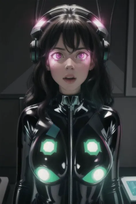 professional detailed photo of (latex office woman) being (brainwashed by glowing screen), Mind Control Eyes, Brainwashed facial...