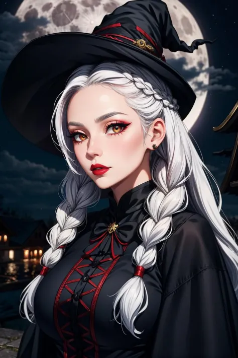 MeiMei, White hair, makeup, braided hair, hair over one eye, lipstick, witch, black witch hat, moonlight, masterpiece, high equality, beautiful light, big moon