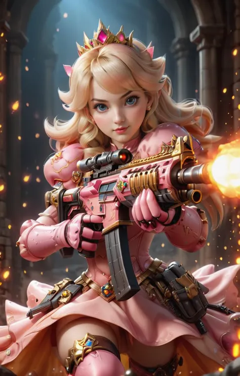 a woman in pink dress holding a rifle and wearing a crown