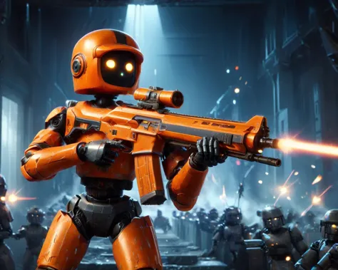 cinematic film still <lora:xl_Orange Robot1024:0.9> Orange Robot1024, <lora:xl_Weapon_Assault_Rifle_-_By_HailoKnight:0.85> assault rifle, war background, missiles flying, lasers shooting, army of robots, dead robots,, shallow depth of field, vignette, highly detailed, high budget Hollywood film, bokeh, cinemascope, moody, epic, gorgeous, film grain