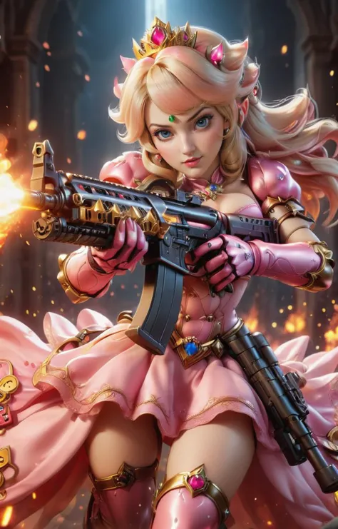 a woman in pink dress holding a rifle and wearing a crown